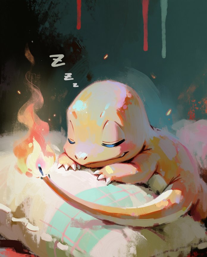 Original artwork of Charmander asleep with its tail flame glowing from the Sleepy series by Dammit.png