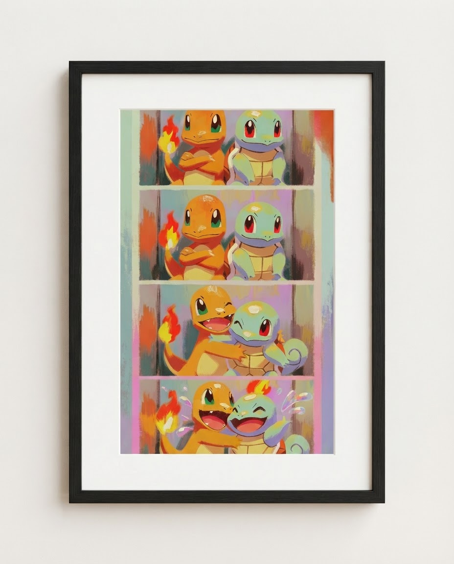 Charmander and Squirtle Photo Booth limited edition Pokémon art print by Dammit.png shown framed