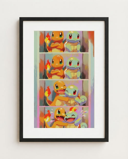 Charmander and Squirtle Photo Booth limited edition Pokémon art print by Dammit.png shown framed