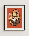 Charmander — Tail Light kawaii art print framed in a black frame with white mat