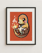 Charmander — Tail Light kawaii art print framed in a black frame with white mat