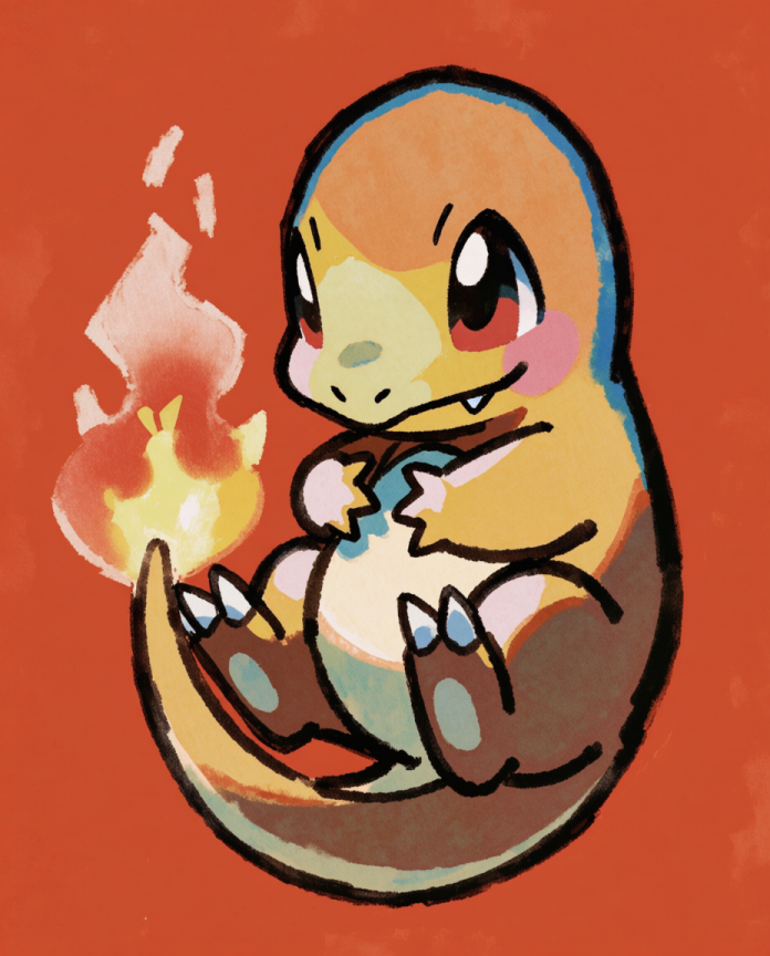 Charmander — Tail Light illustration, kawaii Charmander curled up beside its tail flame on a red background