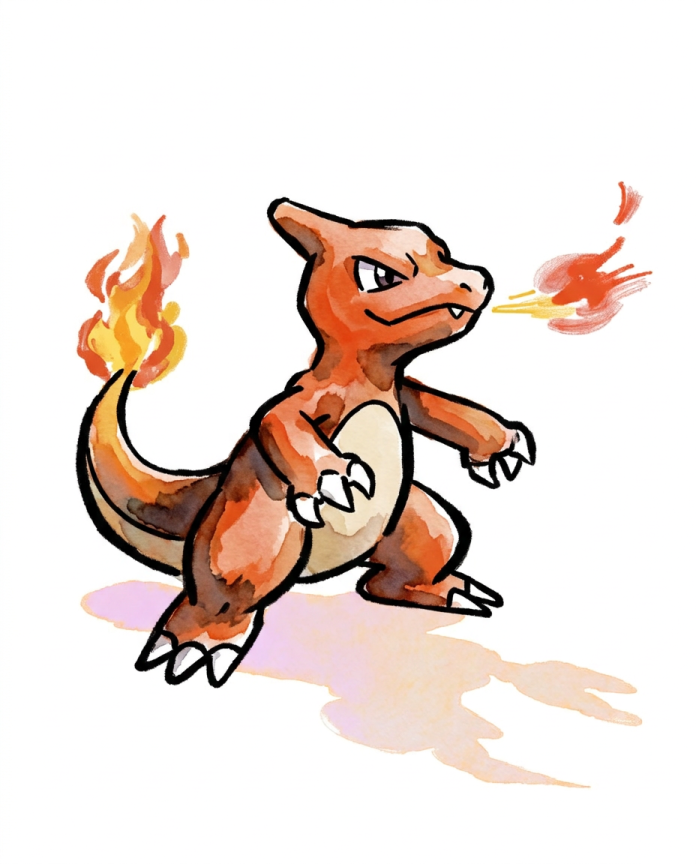 Watercolour Charmeleon breathing a puff of fire with its tail ablaze — Dammit.png fan art print