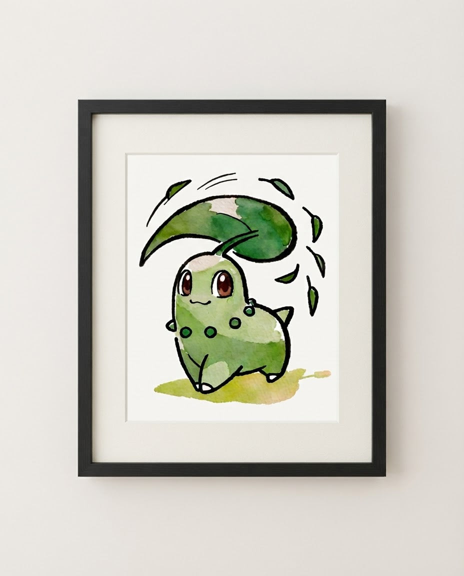 Chikorita — Magical Leaf framed watercolour art print by Dammit.png