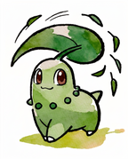 Watercolour Chikorita swishing its head leaf with leaves swirling around — Dammit.png fan art print