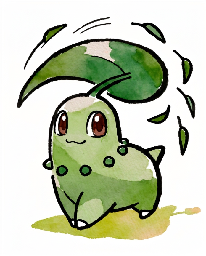 Watercolour Chikorita swishing its head leaf with leaves swirling around — Dammit.png fan art print