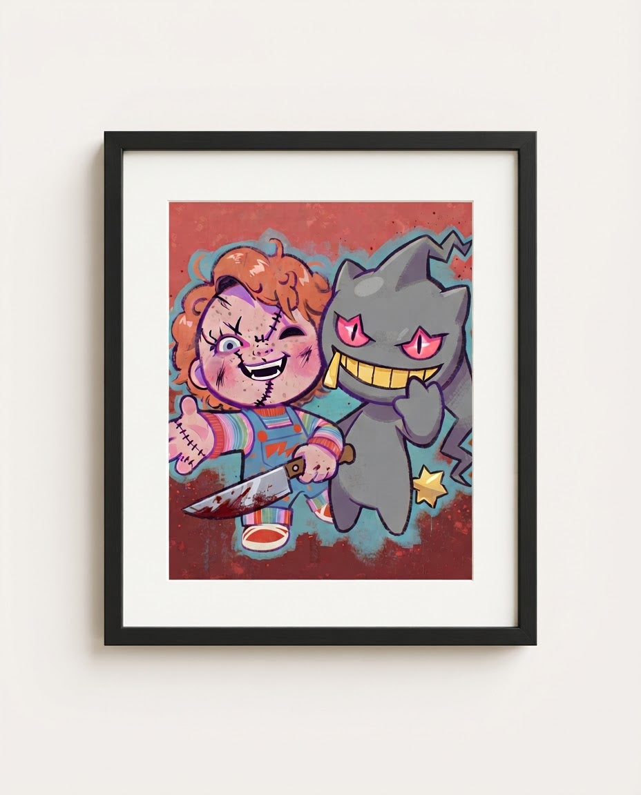 Chucky & Banette — Play Time Halloween crossover art print framed in a black frame with white mat