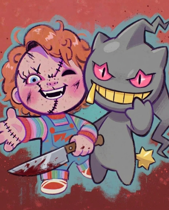 Chucky & Banette — Play Time illustration, chibi Chucky winking next to a grinning Banette