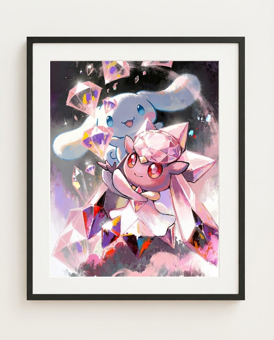 Cinnamoroll and Diancie Diamond Dust Sanrio Pokémon crossover art print by Dammit.png shown framed