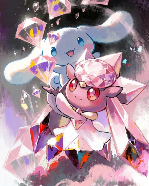 Original crossover artwork of Diancie showering gems around Cinnamoroll by Dammit.png