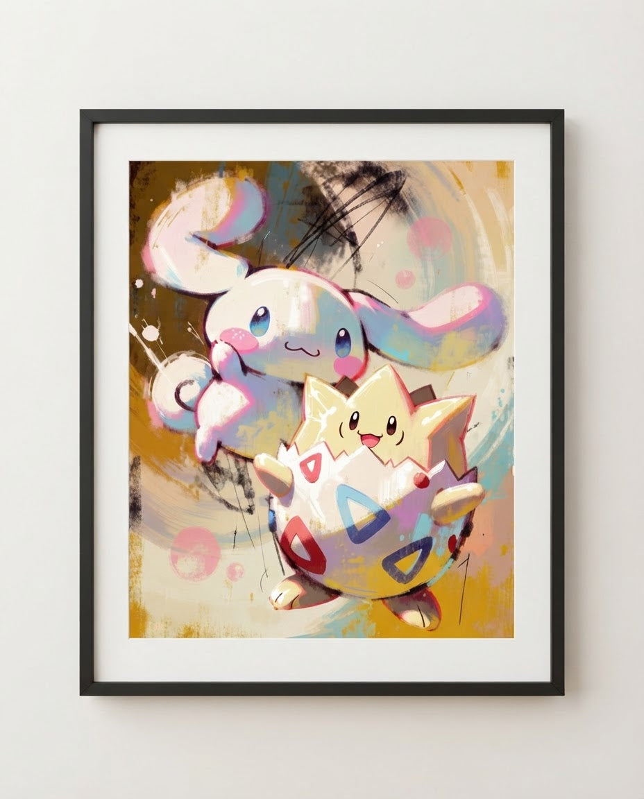 Cinnamoroll and Togepi Cloud Nine Sanrio Pokémon crossover art print by Dammit.png shown framed
