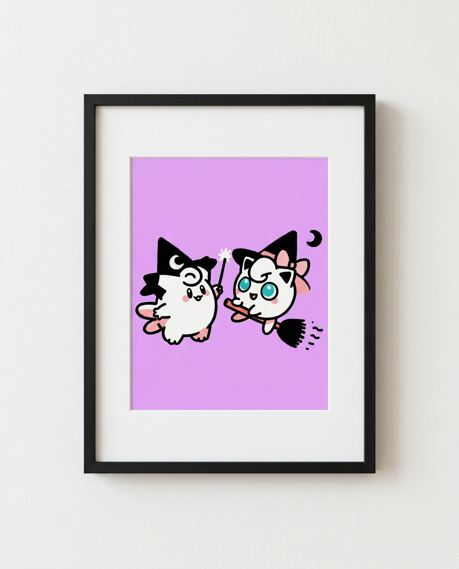 Clefairy & Jigglypuff — Broomstick Besties framed Halloween art print by Dammit.png