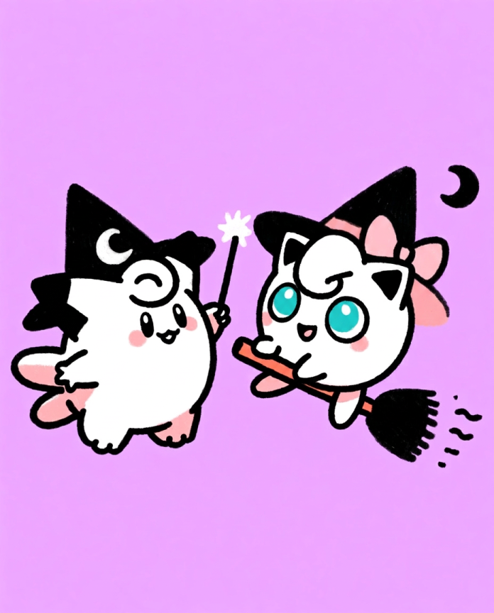 Clefairy with a star wand and Jigglypuff on a broomstick dressed as witches — Dammit.png fan art print