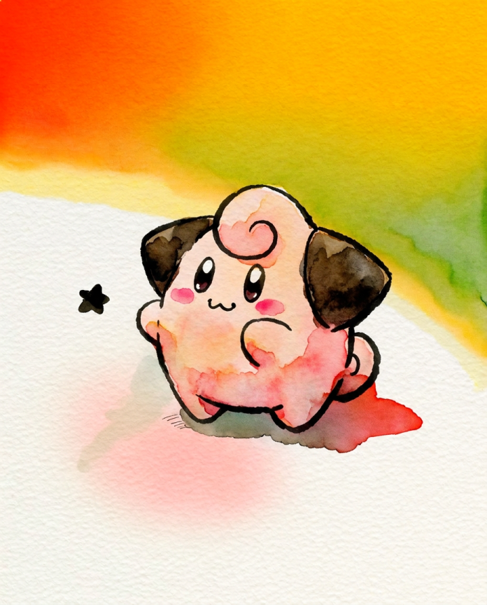 Watercolour Cleffa with a little star under a red, yellow and green wash — Dammit.png fan art print