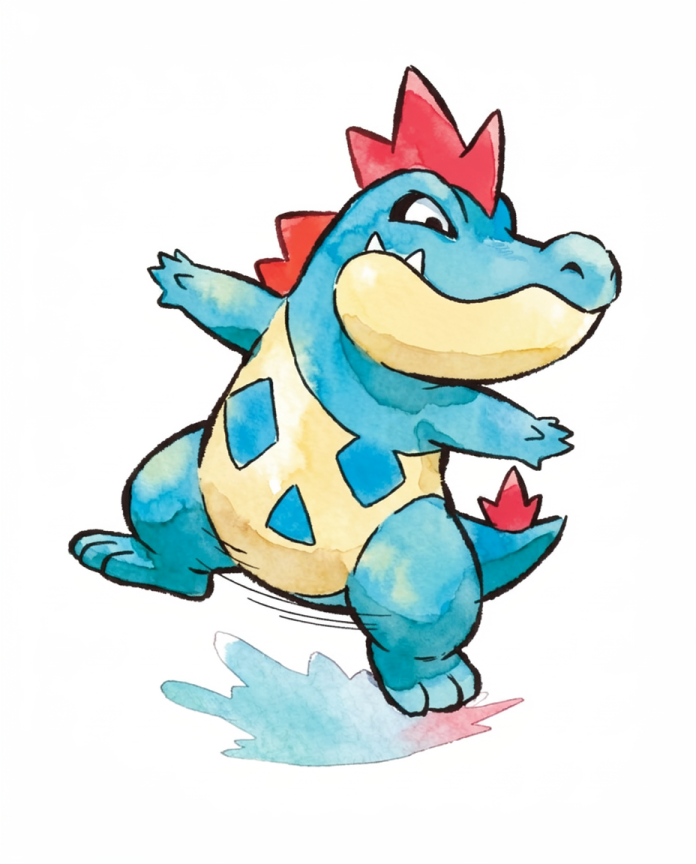 Watercolour Croconaw stomping into a splash of water — Dammit.png fan art print