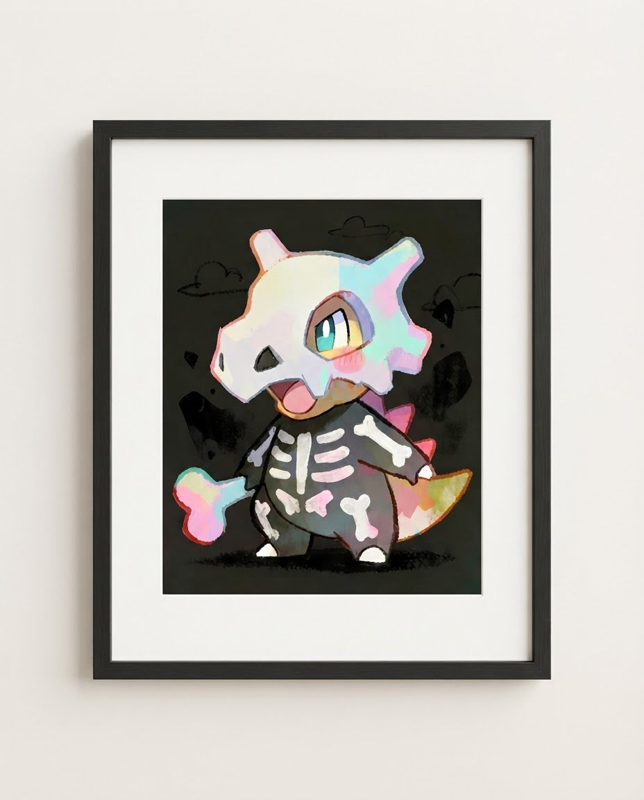 Cubone — Bone Suit Halloween art print framed in a black frame with white mat