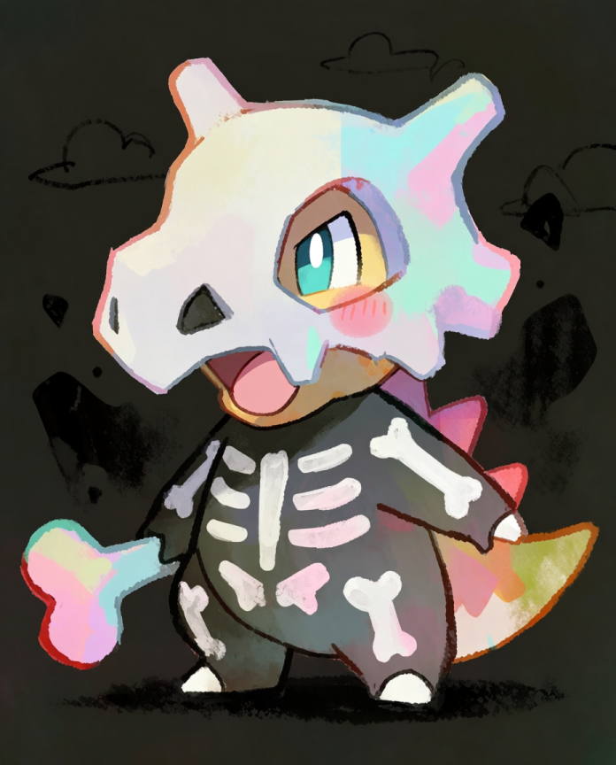 Cubone — Bone Suit illustration, Cubone in a skeleton costume waving a pastel bone