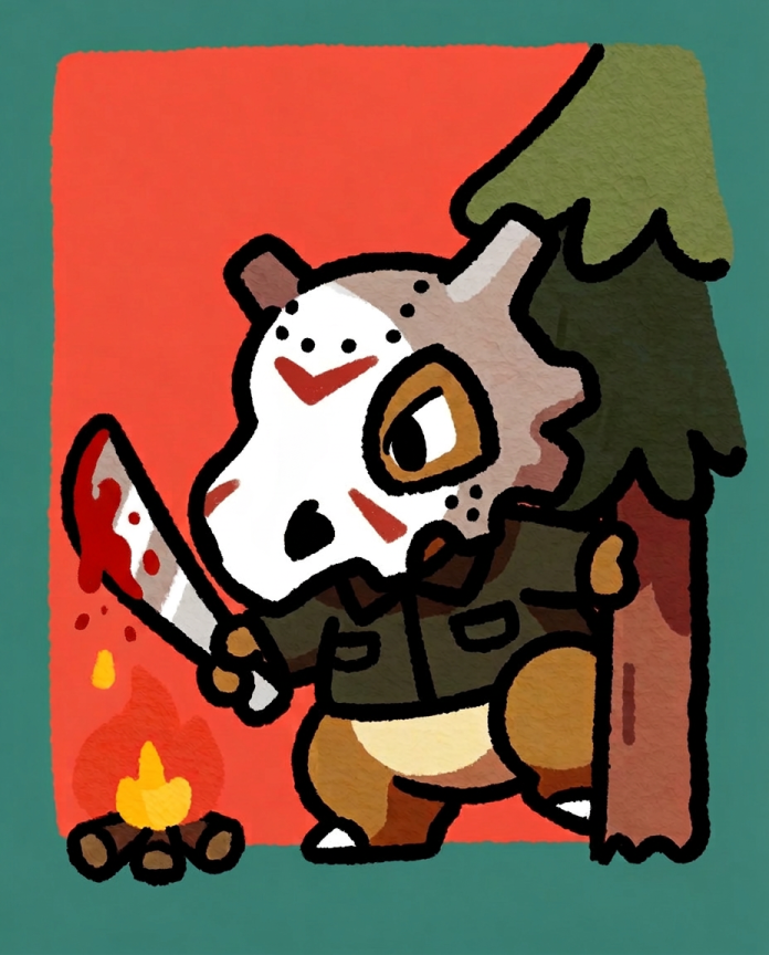 Cubone dressed as Jason with a machete by a campfire — Dammit.png fan art print