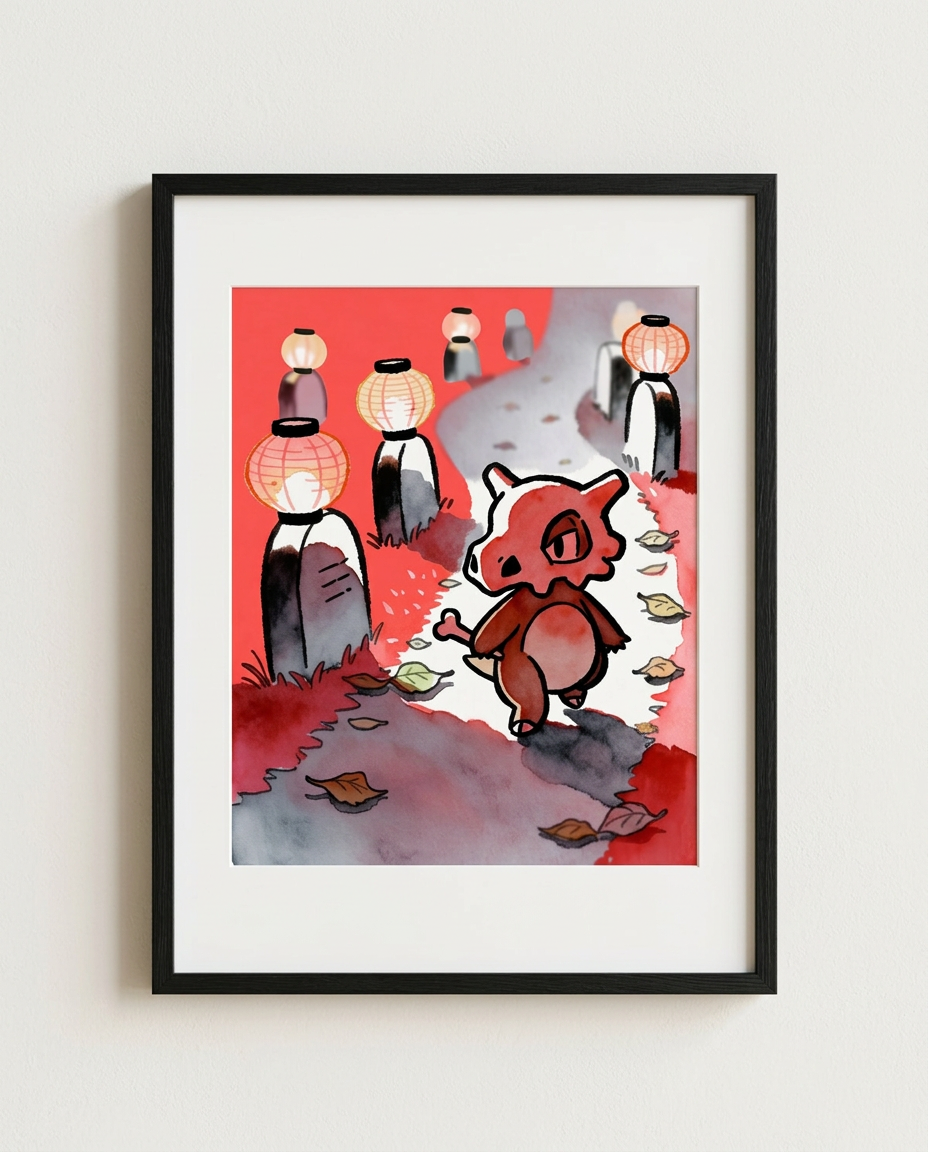 Cubone Lantern Path Japanese watercolour Pokémon art print in a black frame with white mat