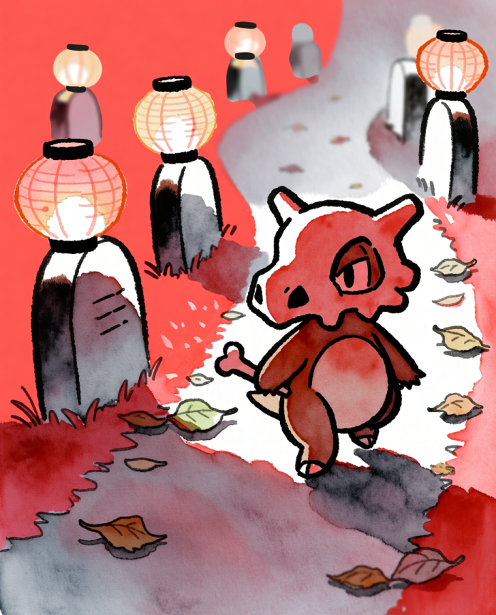 Watercolour illustration of Cubone walking a red path lined with glowing paper lanterns by Dammit.png