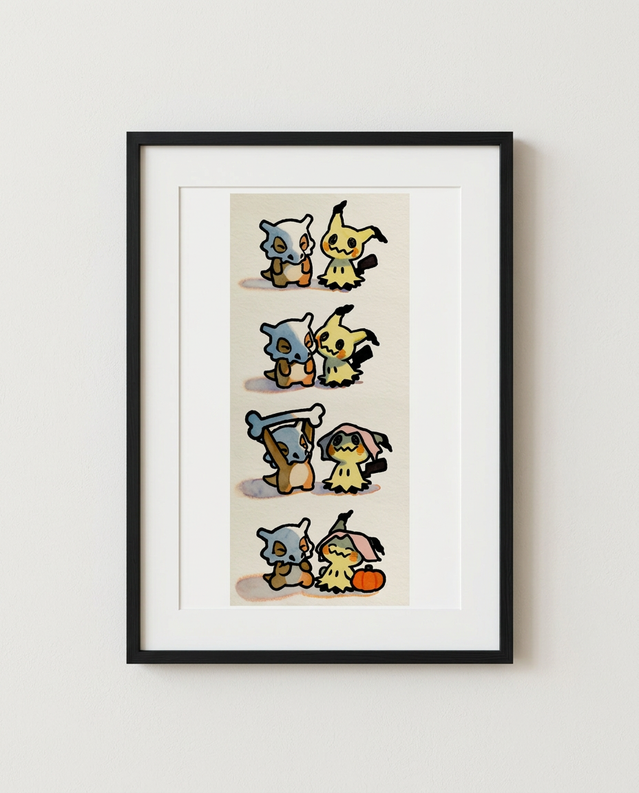 Cubone and Mimikyu Costume Swap four-panel watercolour Pokémon art print in a black frame with white mat