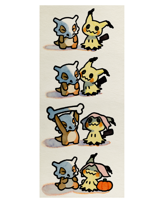 Four-panel watercolour strip of Cubone and Mimikyu swapping disguises with a pumpkin by Dammit.png