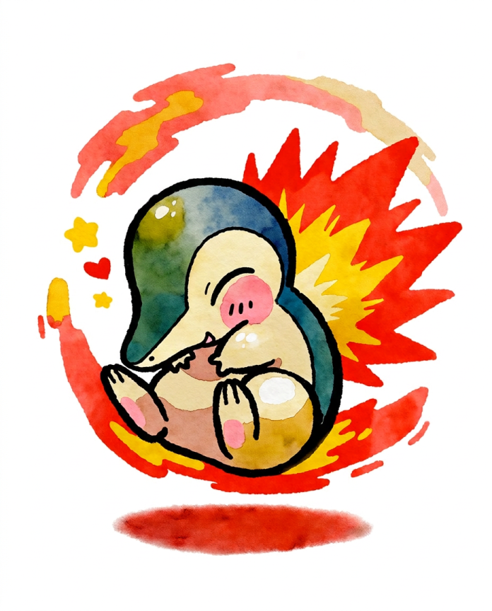 Watercolour Cyndaquil curled inside a ring of fire — Dammit.png fan art print