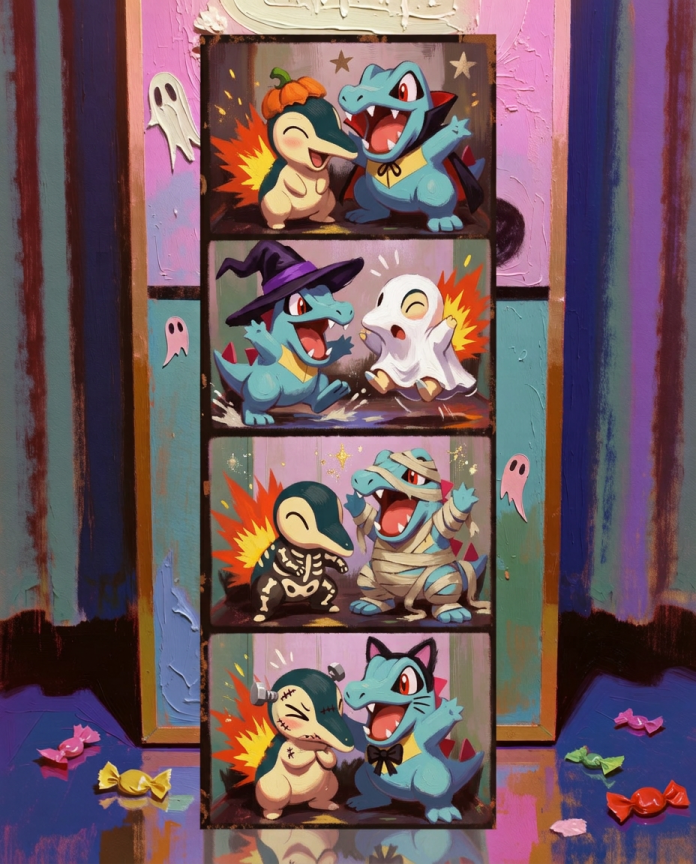 Cyndaquil and Totodile in four Halloween costumes in a photo booth strip — Dammit.png fan art print