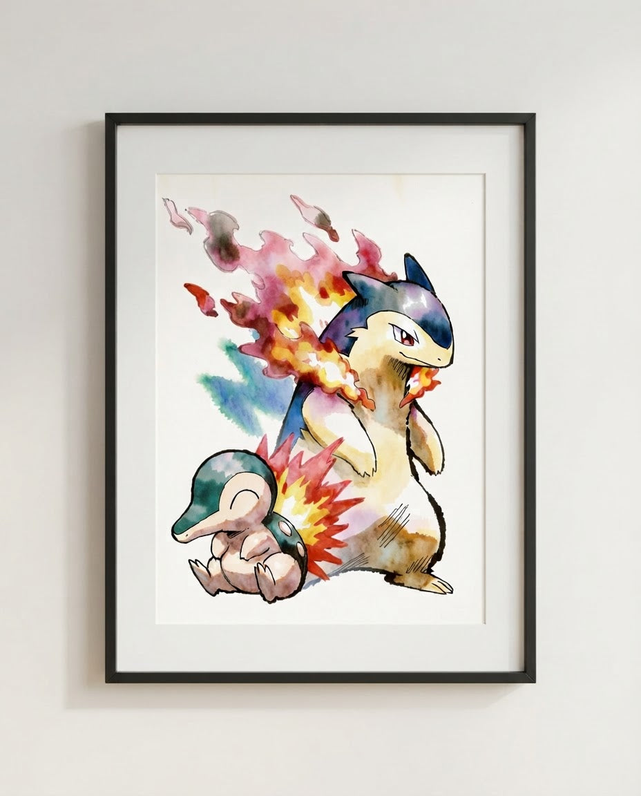 Cyndaquil and Typhlosion Slow Burn watercolour Pokémon art print by Dammit.png shown framed