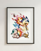 Cyndaquil and Typhlosion Slow Burn watercolour Pokémon art print by Dammit.png shown framed
