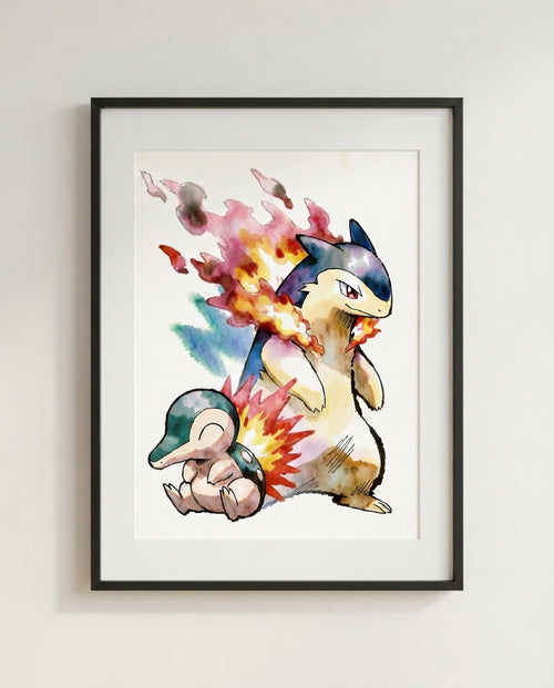 Cyndaquil and Typhlosion Slow Burn watercolour Pokémon art print by Dammit.png shown framed
