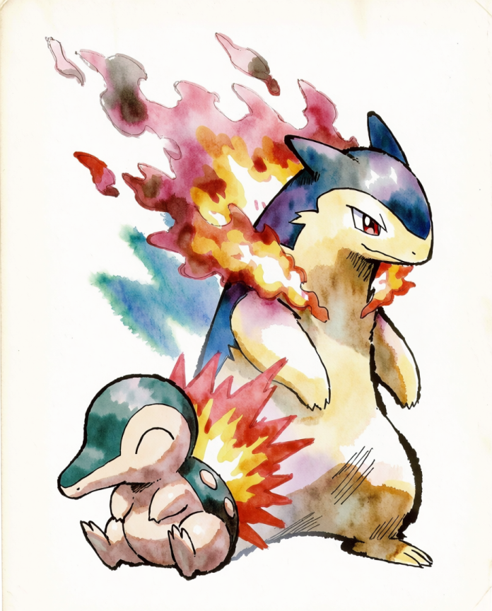 Original watercolour artwork of Cyndaquil dozing and Typhlosion ablaze, Sugimori-inspired print by Dammit.png