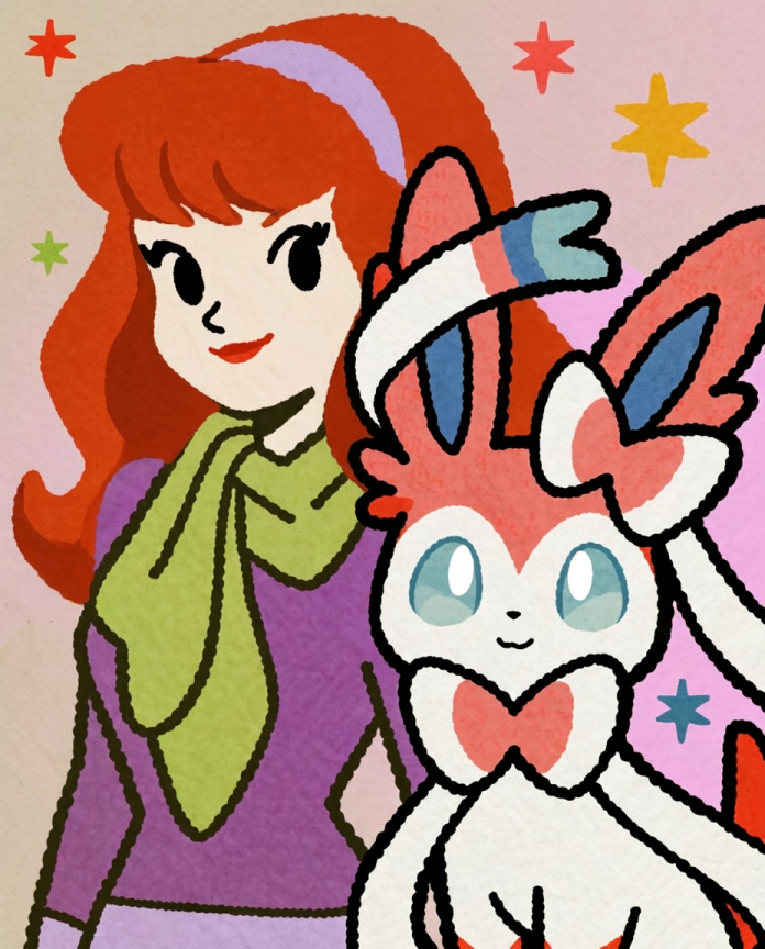 Daphne with her green scarf posing next to Sylveon — Dammit.png fan art print