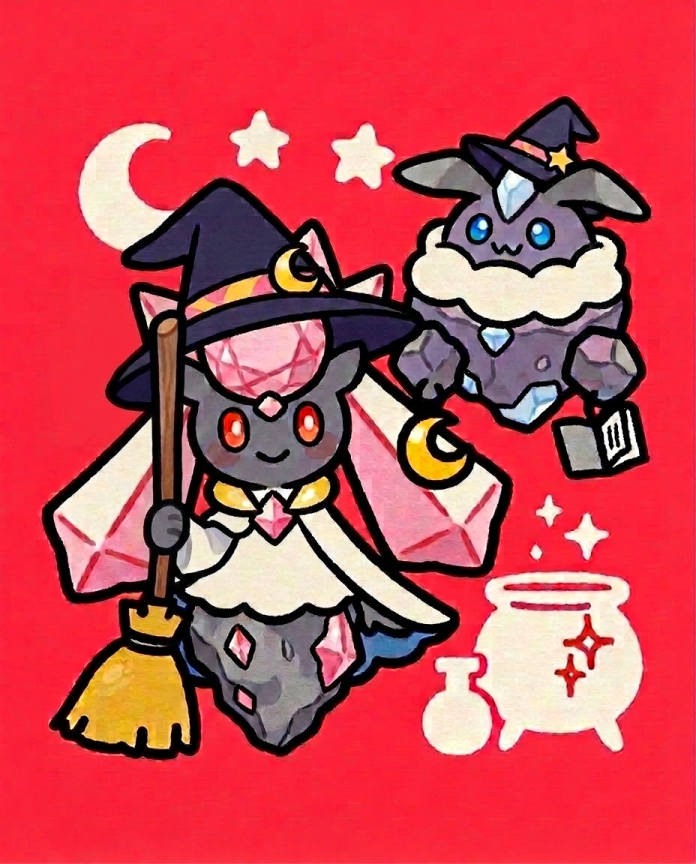 Diancie and Carbink dressed as witches with a broom, spellbook and cauldron — Dammit.png fan art print