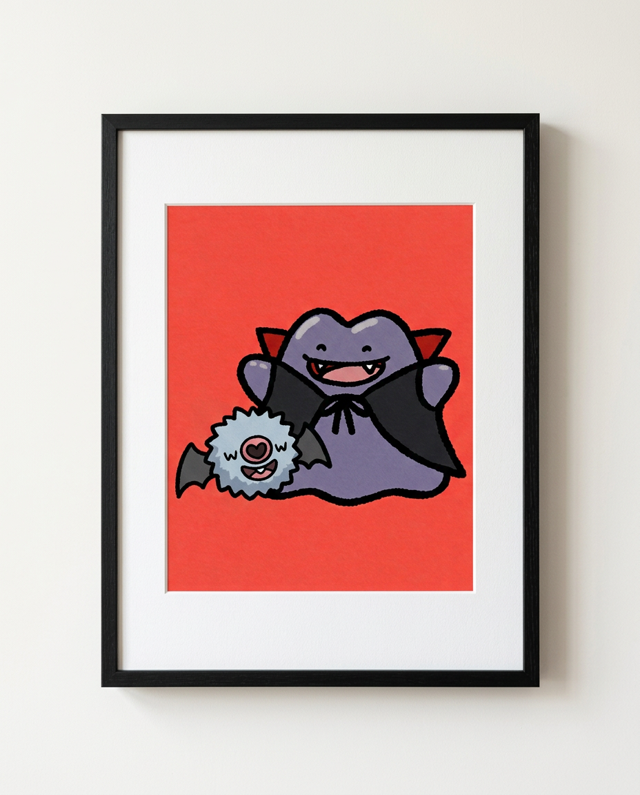 Ditto & Woobat — Copycat Count framed Halloween art print by Dammit.png