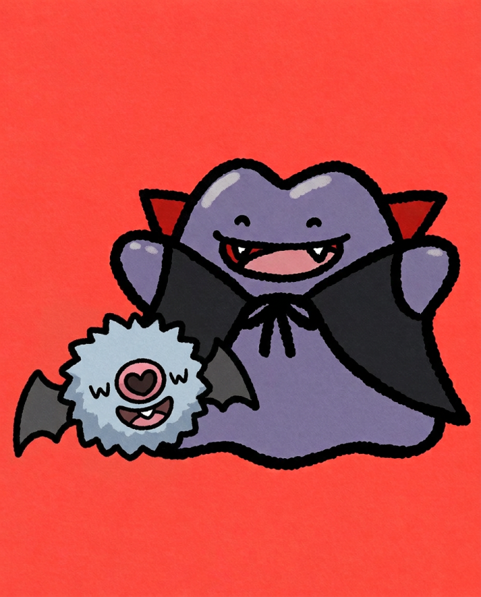 Ditto in a vampire cape with a fluffy Woobat on a coral background — Dammit.png fan art print