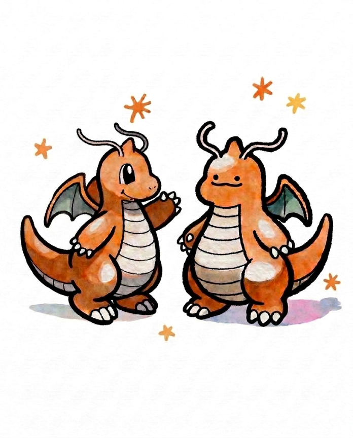 Watercolour illustration of Dragonite waving at a Ditto transformed into Dragonite by Dammit.png