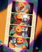 Dragonite hugging Dratini in a four-frame photo booth strip — Dammit.png fan art print