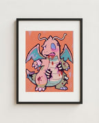 Dragonite — Rough Landing zombie Halloween art print framed in a black frame with white mat