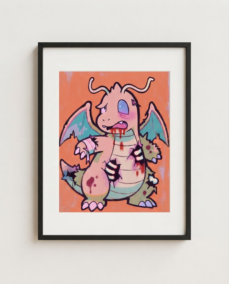 Dragonite — Rough Landing zombie Halloween art print framed in a black frame with white mat