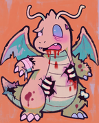 Dragonite — Rough Landing illustration, zombie Dragonite with a black eye, bandaged claw and torn wings