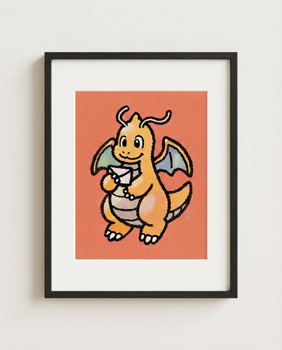 Dragonite — Special Delivery kawaii art print framed in a black frame with white mat