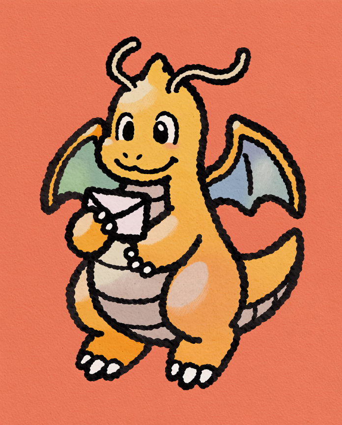 Dragonite — Special Delivery illustration, kawaii Dragonite holding a letter on a coral background