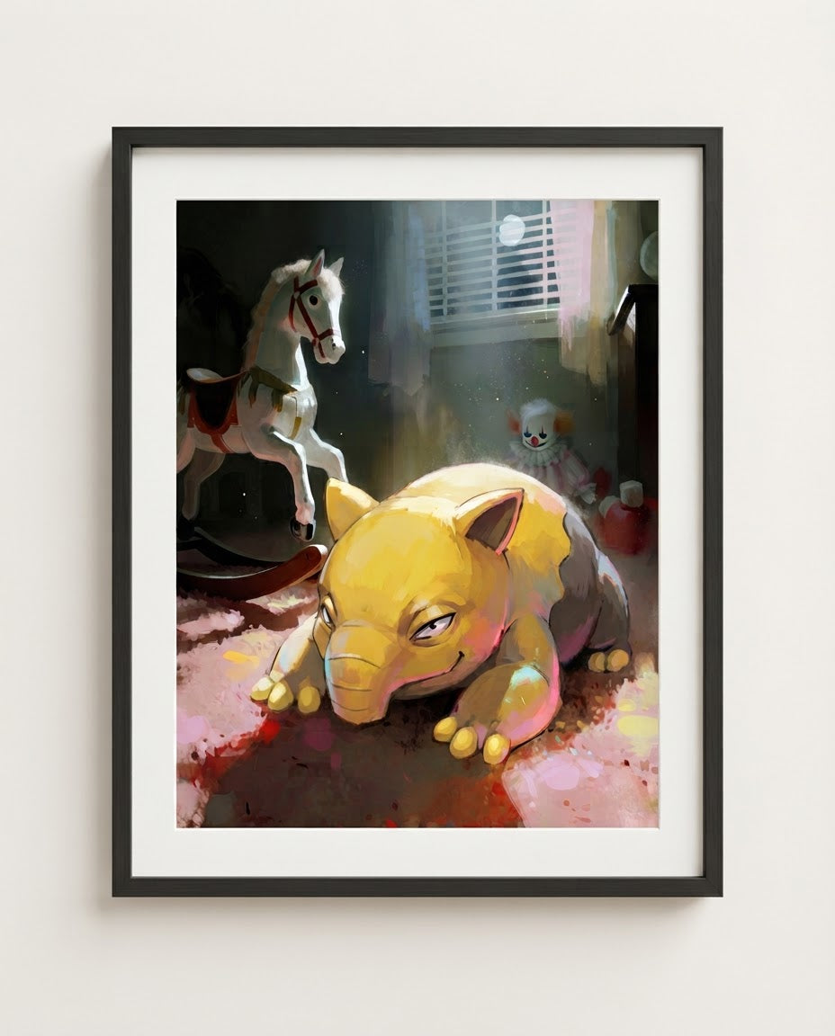 Drowzee — Night Light haunted house Halloween art print framed in a black frame with white mat
