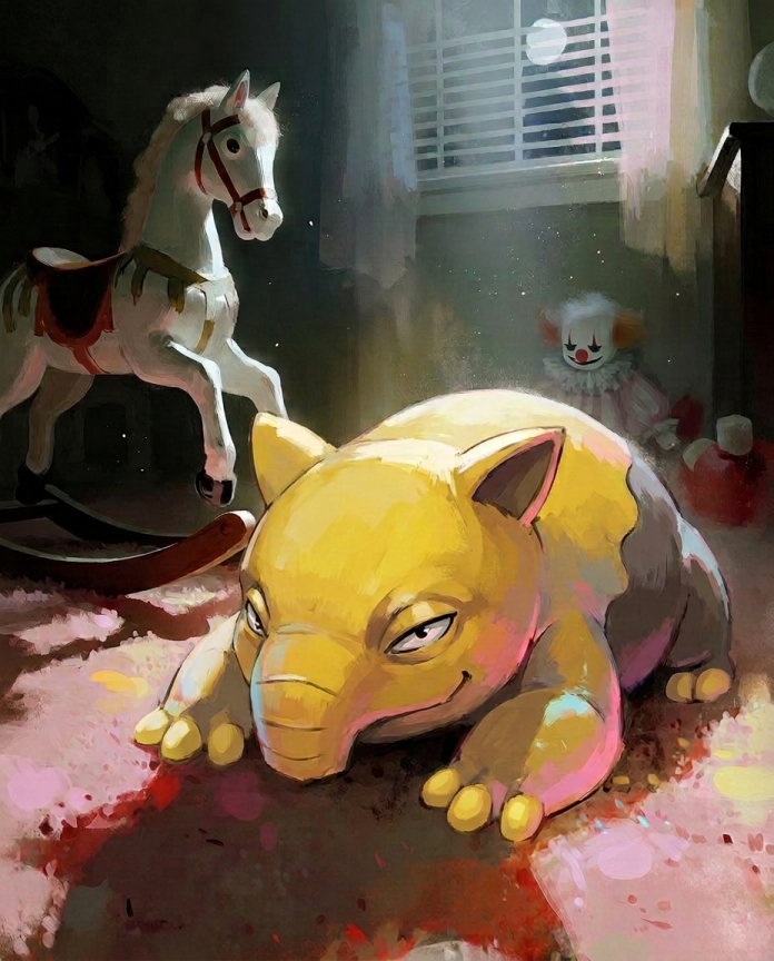 Drowzee — Night Light illustration, Drowzee crouching in a moonlit child's bedroom with a rocking horse and clown doll