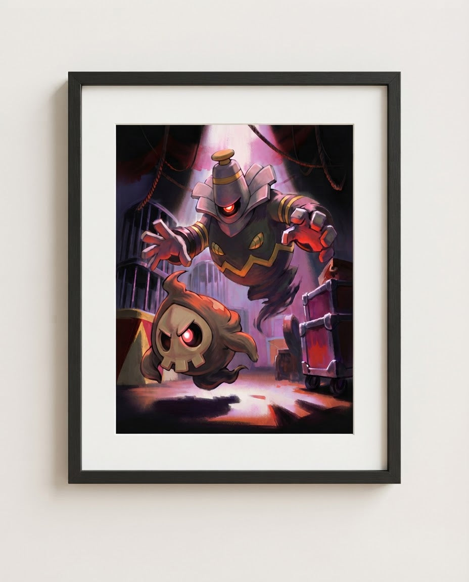 Dusknoir & Duskull — Backstage haunted circus art print framed in a black frame with white mat
