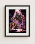 Dusknoir & Duskull — Backstage haunted circus art print framed in a black frame with white mat