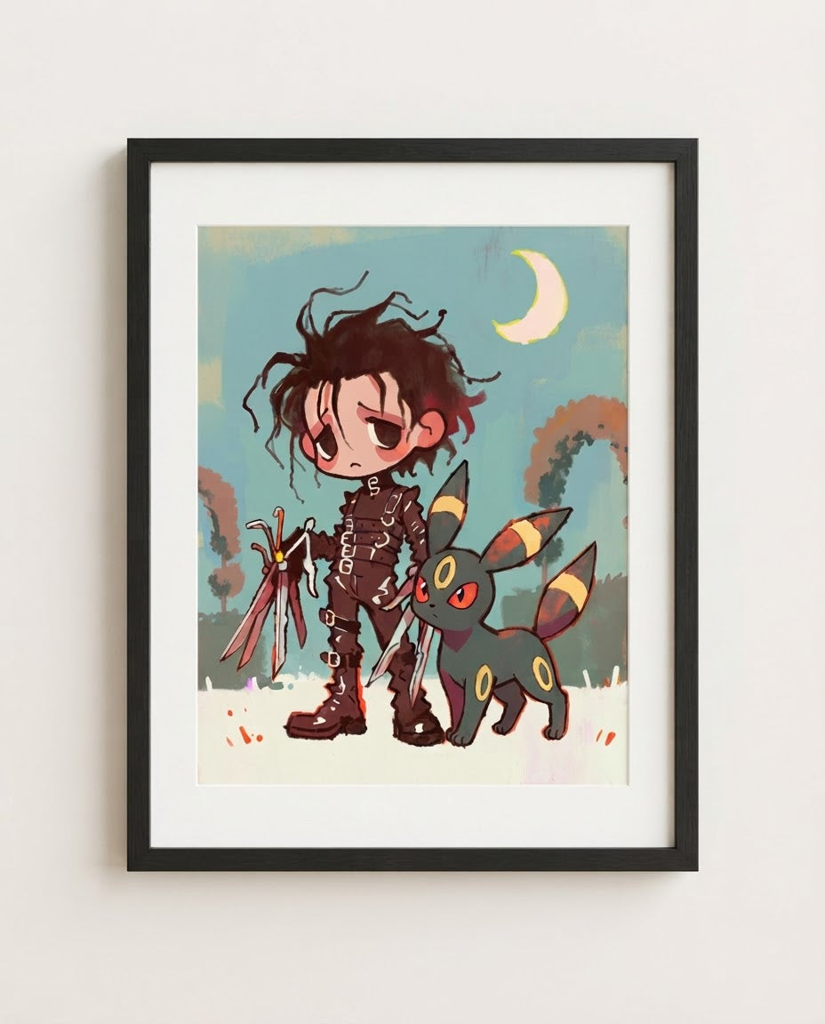 Edward & Umbreon — Scissorhands Tim Burton crossover art print framed in a black frame with white mat