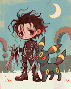 Edward & Umbreon — Scissorhands illustration, chibi Edward Scissorhands standing with Umbreon under a crescent moon
