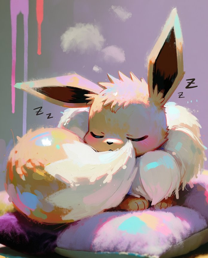 Original artwork of Eevee curled asleep in its fur from the Sleepy series by Dammit.png
